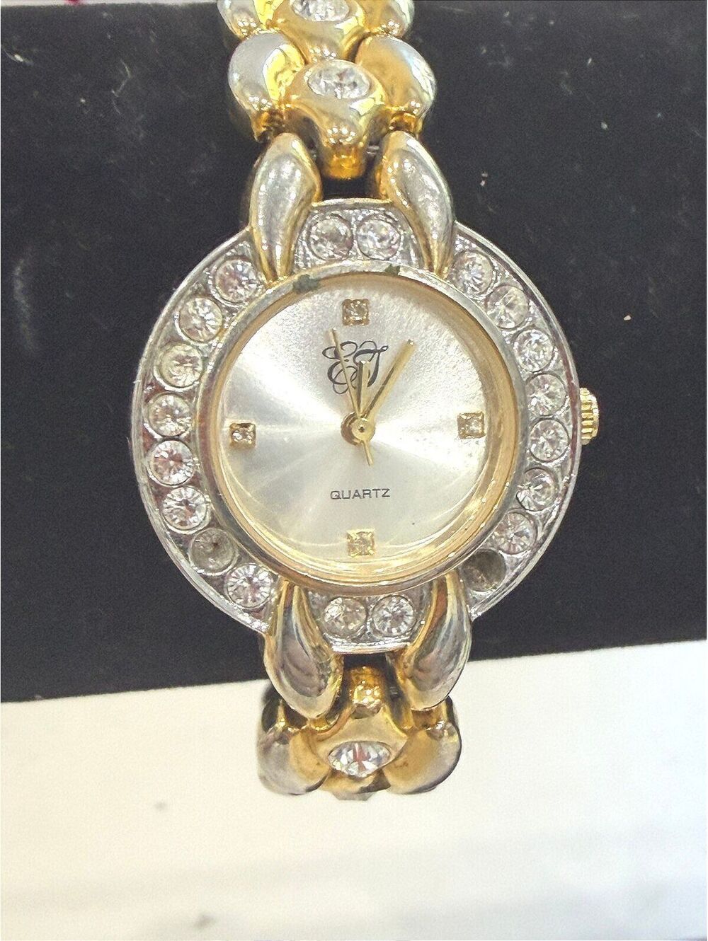 Elegant Women's Gold and Silver Tone Quartz Wristwatch with Crystal Accents 7"